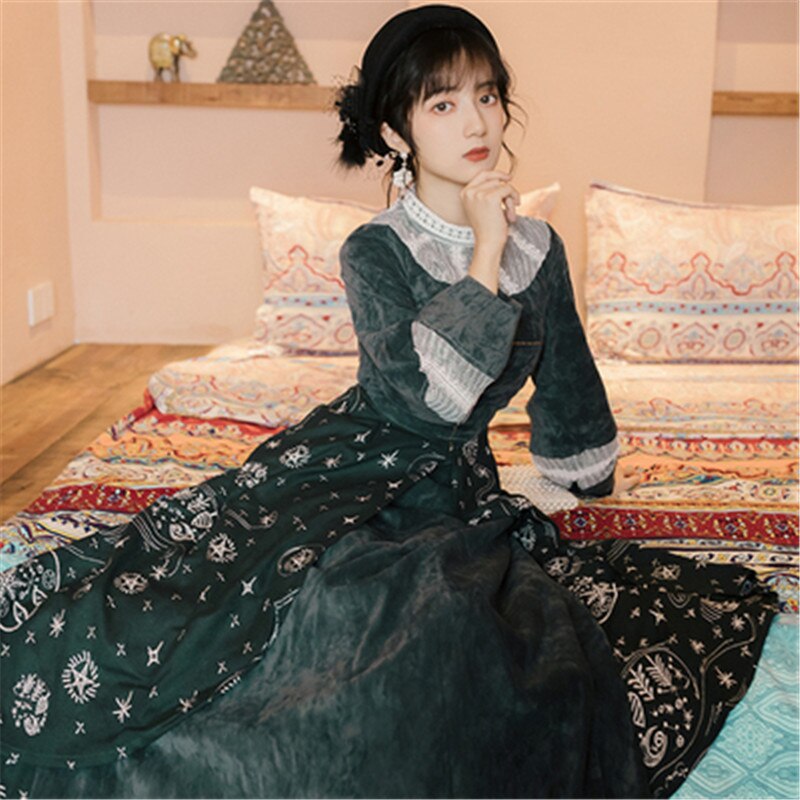 autumn and winter new retro elegant embroidered stitching stand-up collar was thin temperament long-sleeved dress - LiveTrendsX