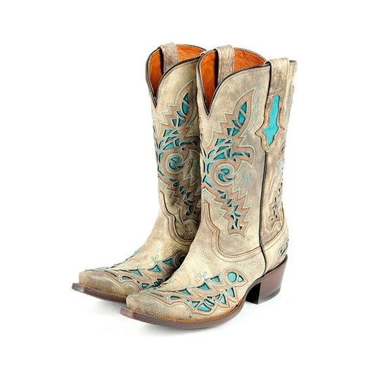 women western cowboy half boots top cow leather handmade embroider patchwork high heels motorcycle corral mid-calf boots - LiveTrendsX