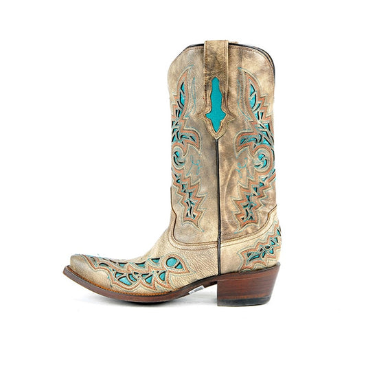 women western cowboy half boots top cow leather handmade embroider patchwork high heels motorcycle corral mid-calf boots - LiveTrendsX