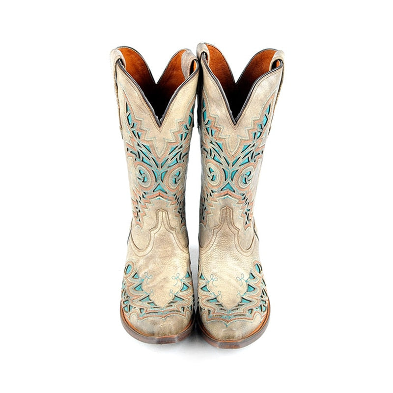 women western cowboy half boots top cow leather handmade embroider patchwork high heels motorcycle corral mid-calf boots - LiveTrendsX