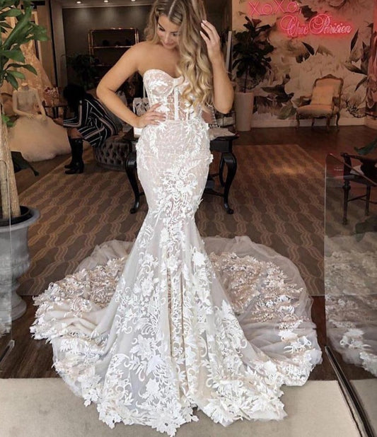 Mermaid Wedding Dress Sweetheart Bride Dress Appliqued with Flowers Lace Boho Wedding Gown Vestidos de novia - LiveTrendsX