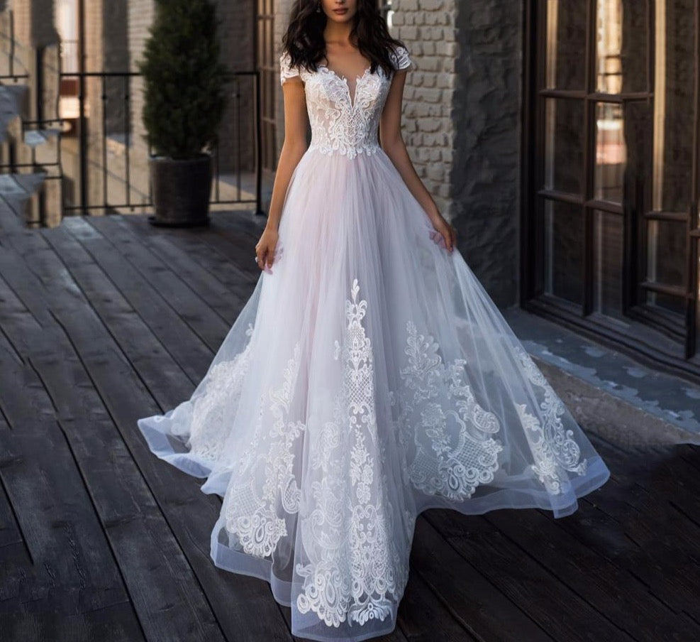 Blush Pink Beach Wedding Dresses V-neck Off Shoulder Elegant Lace Appliques Wedding Bride Gown with Sweep Train Plus Size - LiveTrendsX