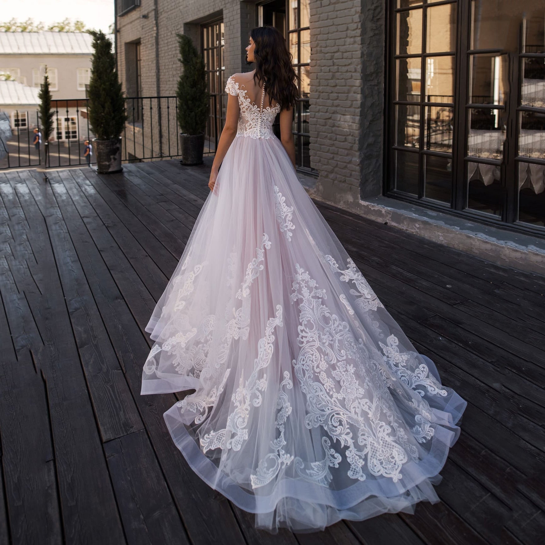 Blush Pink Beach Wedding Dresses V-neck Off Shoulder Elegant Lace Appliques Wedding Bride Gown with Sweep Train Plus Size - LiveTrendsX