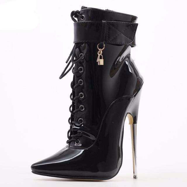 Fetish High Heel Boots Women Sexy 18cm High Heels Metal Heel Lace-Up Pointy Toe Dagger Ankle Boots Devious Sizes 35-46 - LiveTrendsX