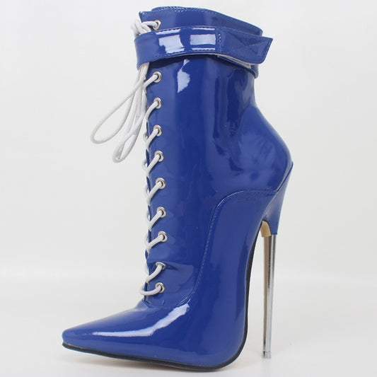 Fetish High Heel Boots Women Sexy 18cm High Heels Metal Heel Lace-Up Pointy Toe Dagger Ankle Boots Devious Sizes 35-46 - LiveTrendsX