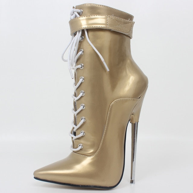 Fetish High Heel Boots Women Sexy 18cm High Heels Metal Heel Lace-Up Pointy Toe Dagger Ankle Boots Devious Sizes 35-46 - LiveTrendsX