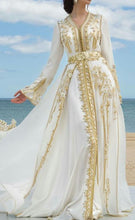 Load image into Gallery viewer, White Chiffon Luxury Evening Dresses Golden Lace Appliques Moroccan Kaftan Dubai Mother Dress Arabic Muslim Special Occasion - LiveTrendsX
