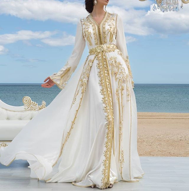 White Chiffon Luxury Evening Dresses Golden Lace Appliques Moroccan Kaftan Dubai Mother Dress Arabic Muslim Special Occasion - LiveTrendsX