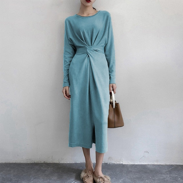 Women Long Sleeve Split Knitted A-line Midi Dress High Waist Bandage Lace Up Female New Year Dresses 2020 Autumn O-Neck Clothes - LiveTrendsX