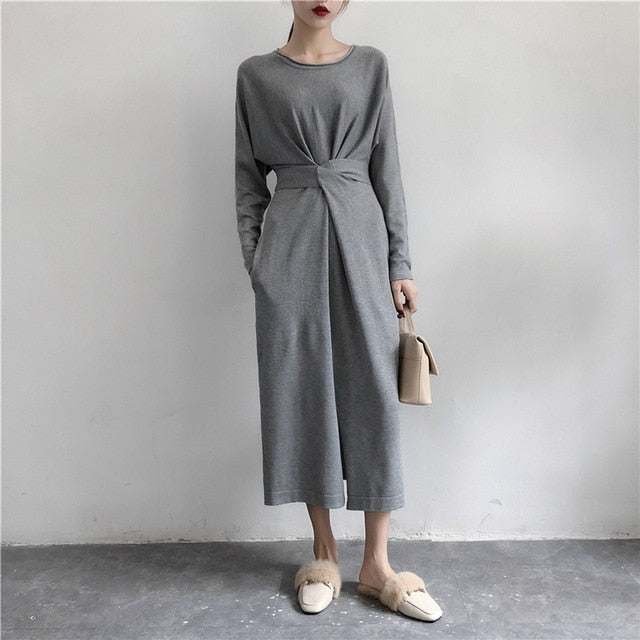Women Long Sleeve Split Knitted A-line Midi Dress High Waist Bandage Lace Up Female New Year Dresses 2020 Autumn O-Neck Clothes - LiveTrendsX