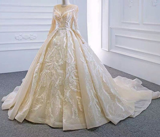 Light Champagne Beading Dubai Winter Composite Lace High-end Wedding Dress 2020 Sexy Luxury Sparkle Bridal Gown Real Photos - LiveTrendsX