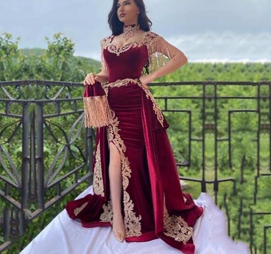 Arabic Mermaid Velvet Evening Dress 3 Pieces Overskirt Split Gold Appliques Lace Prom Gowns Tassel Algerian Outfit - LiveTrendsX