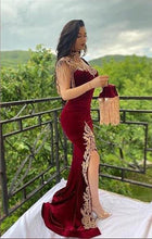 Load image into Gallery viewer, Arabic Mermaid Velvet Evening Dress 3 Pieces Overskirt Split Gold Appliques Lace Prom Gowns Tassel Algerian Outfit - LiveTrendsX
