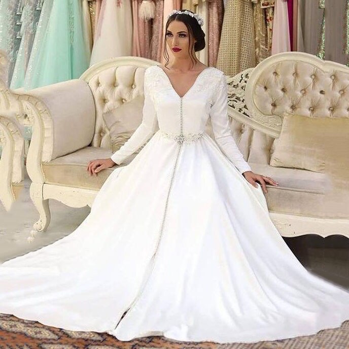 White Satin Caftan Morocca Evening Dress Long Sleeves Appliques Button Islamic Dubai Saudi Arabic Evening Dress Abaya Prom Dress - LiveTrendsX