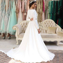 Load image into Gallery viewer, White Satin Caftan Morocca Evening Dress Long Sleeves Appliques Button Islamic Dubai Saudi Arabic Evening Dress Abaya Prom Dress - LiveTrendsX
