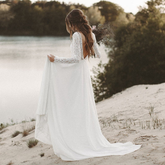 Beach Wedding Dress Long Sleeve Boho V Neck Open Back Bridal Dresses Chiffon Princess Lace Chiffon Simple Wedding Gown - LiveTrendsX