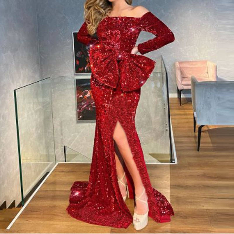 Red Sequined Velert Evening Party Dress Bow Split Leg Slit Front Cut Out Off the Shoulder Slash Neck Stretch Maxi Dress - LiveTrendsX