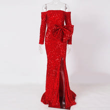 Load image into Gallery viewer, Red Sequined Velert Evening Party Dress Bow Split Leg Slit Front Cut Out Off the Shoulder Slash Neck Stretch Maxi Dress - LiveTrendsX
