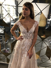 Load image into Gallery viewer, Champagne Glitter A Line Wedding Dresses 2021 Cap Sleeves Lace Appliques Sparkling Bridal Gown - LiveTrendsX
