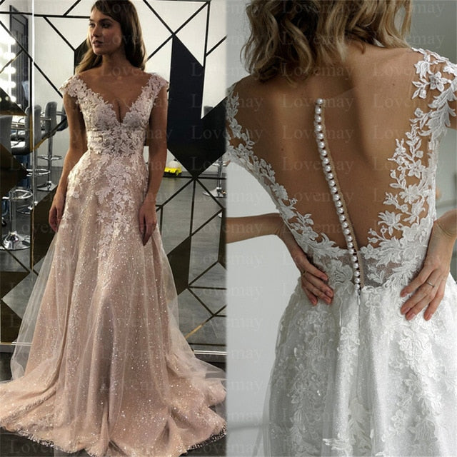 Champagne Glitter A Line Wedding Dresses 2021 Cap Sleeves Lace Appliques Sparkling Bridal Gown - LiveTrendsX