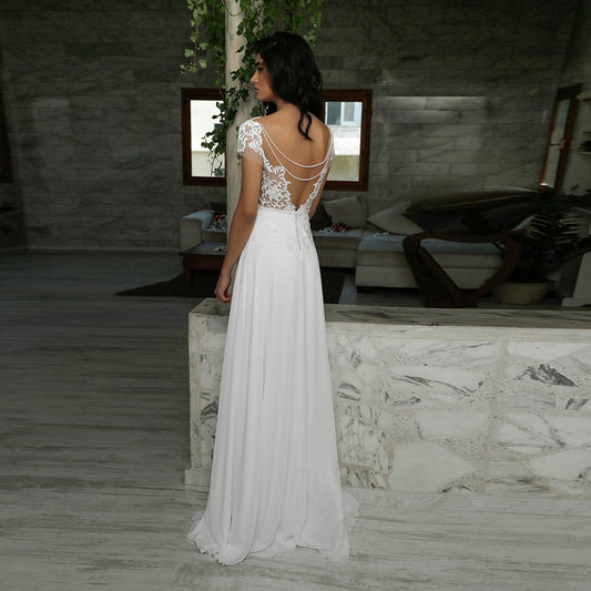 Sexy Beach Wedding Dress Boho Short Sleeves V-neck Deliate Lace Applique Chiffon Wedding Dresses - LiveTrendsX