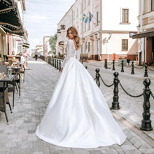 Load image into Gallery viewer, Delicate Lace Ball Gown Bride Dress Elegant Long Sleeves Scoop Neck High Slit Satin Vestido De Noiva Wedding Dress 2020 - LiveTrendsX
