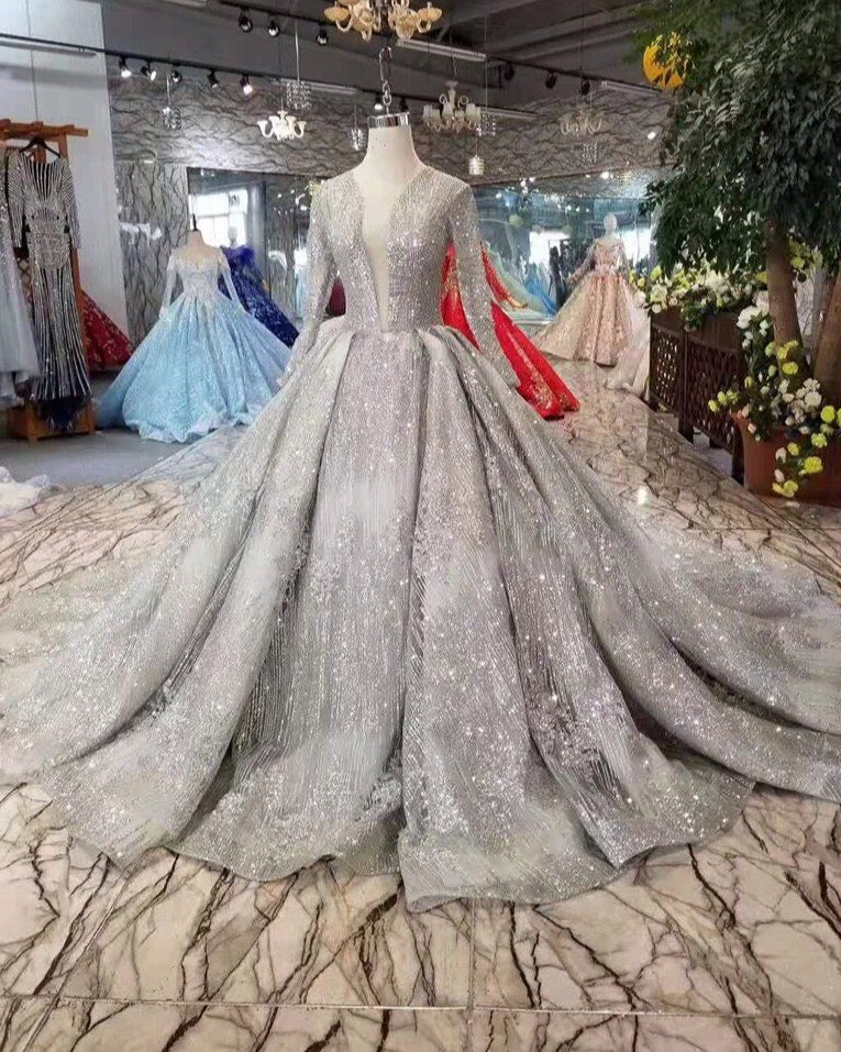 Silver Glitter Long Sleeves Ball Gowns Evening Dresses for Women 2020 Colorful Sparkling Event Formal Prom Party for Women - LiveTrendsX