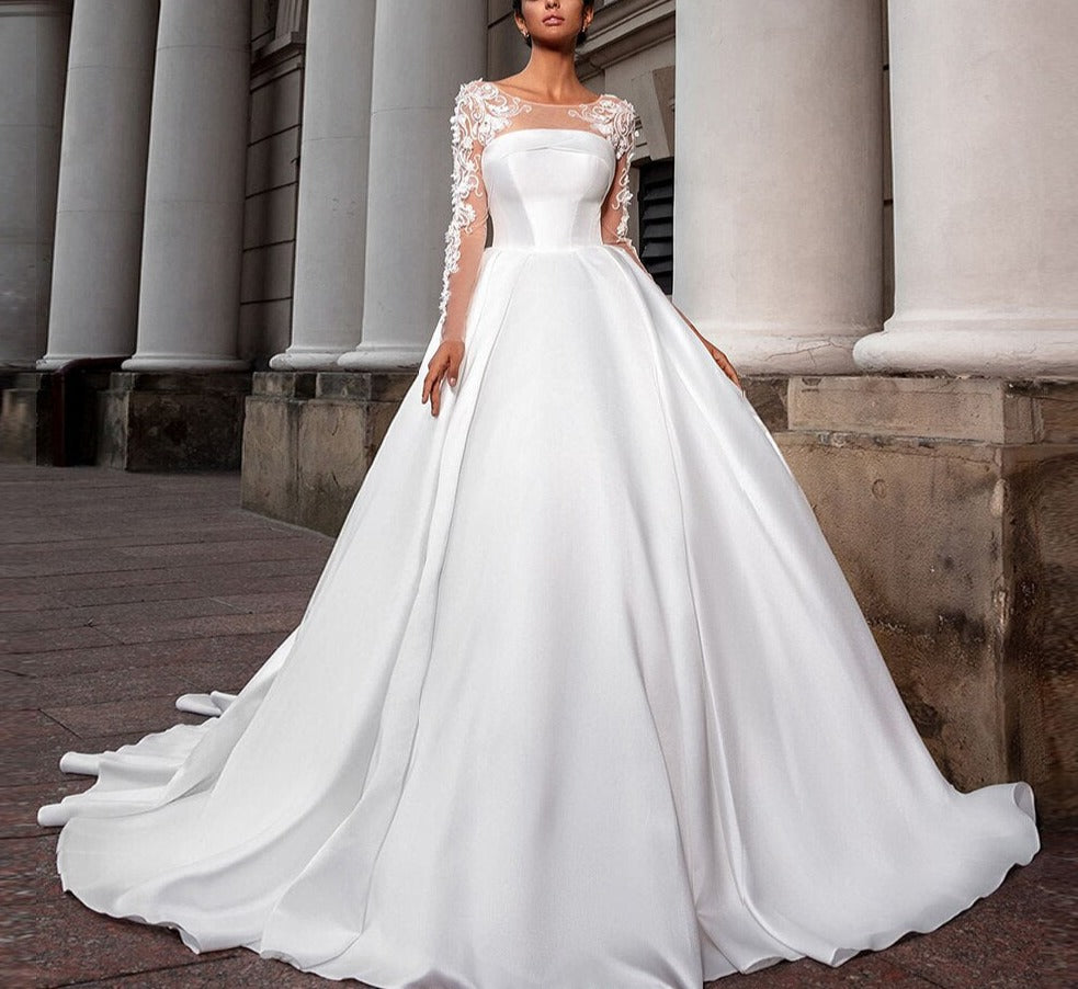 Best France Satin Wedding Gowns A-line Vestido De Casamento Long Sleeve Appliques Flowers Simple Bride Dresses Plus Size - LiveTrendsX