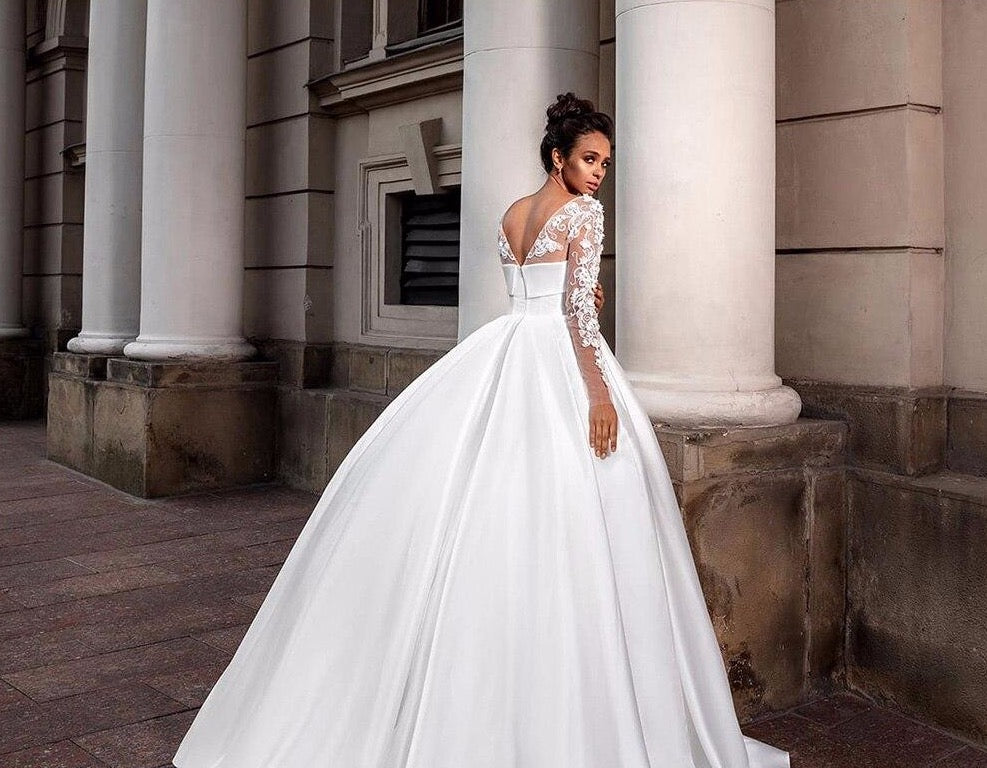 Best France Satin Wedding Gowns A-line Vestido De Casamento Long Sleeve Appliques Flowers Simple Bride Dresses Plus Size - LiveTrendsX