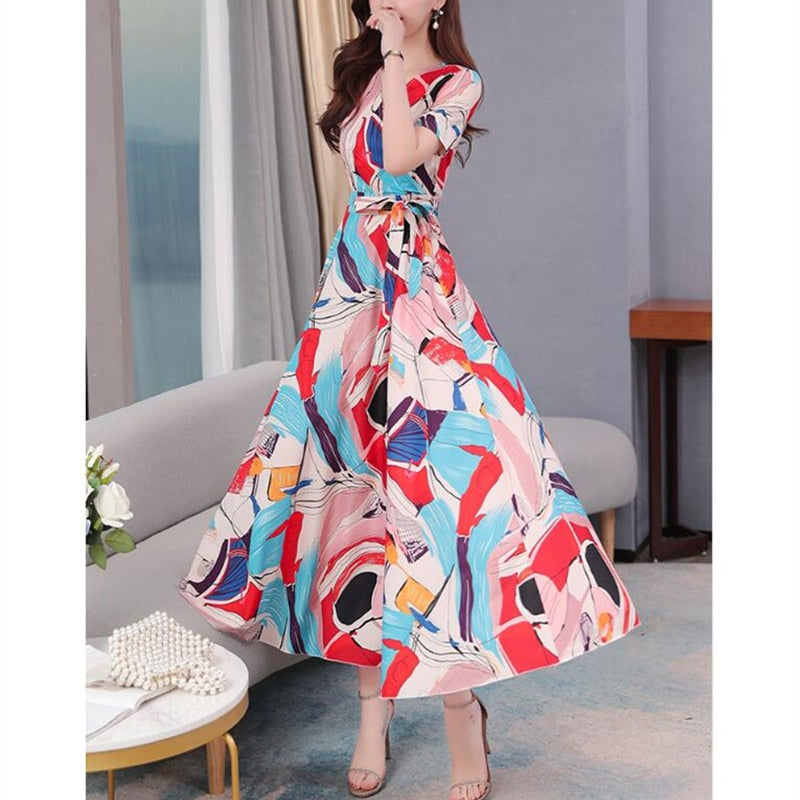 V-neck short-sleeved chiffon dress  Korean summer new temperament slim waist chiffon floral women - LiveTrendsX