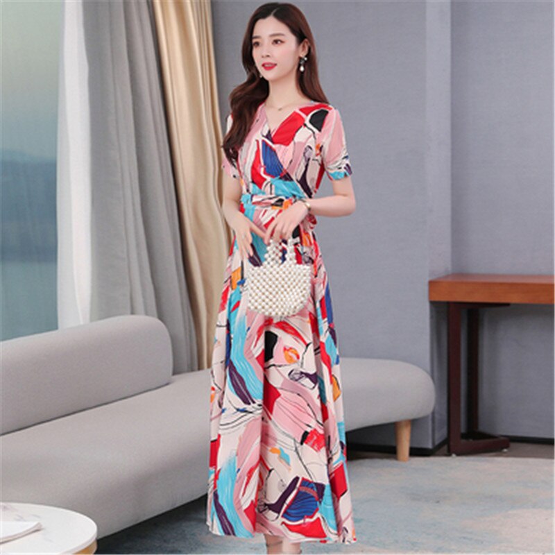 V-neck short-sleeved chiffon dress  Korean summer new temperament slim waist chiffon floral women - LiveTrendsX