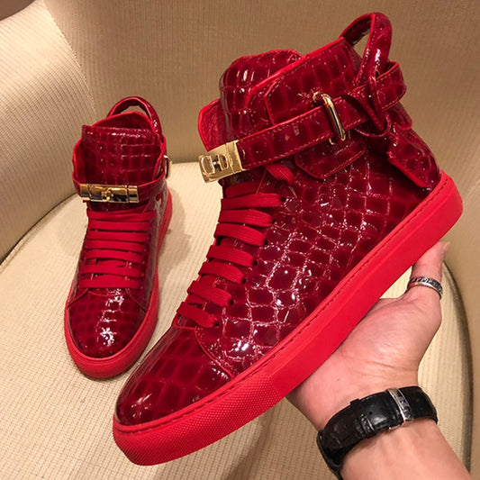 Men Embossed Crocodile High Top Sneakers Lock Lace Red Sneakers Real Leather Designer Flat Men Sneakers Casual Shoes - LiveTrendsX