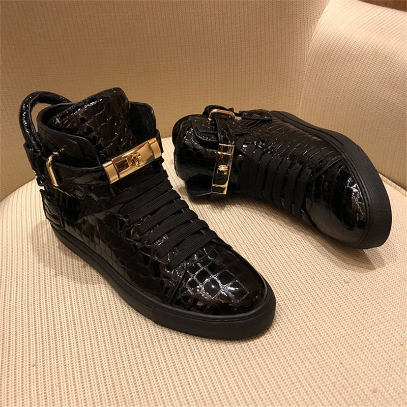 Men Embossed Crocodile High Top Sneakers Lock Lace Red Sneakers Real Leather Designer Flat Men Sneakers Casual Shoes - LiveTrendsX
