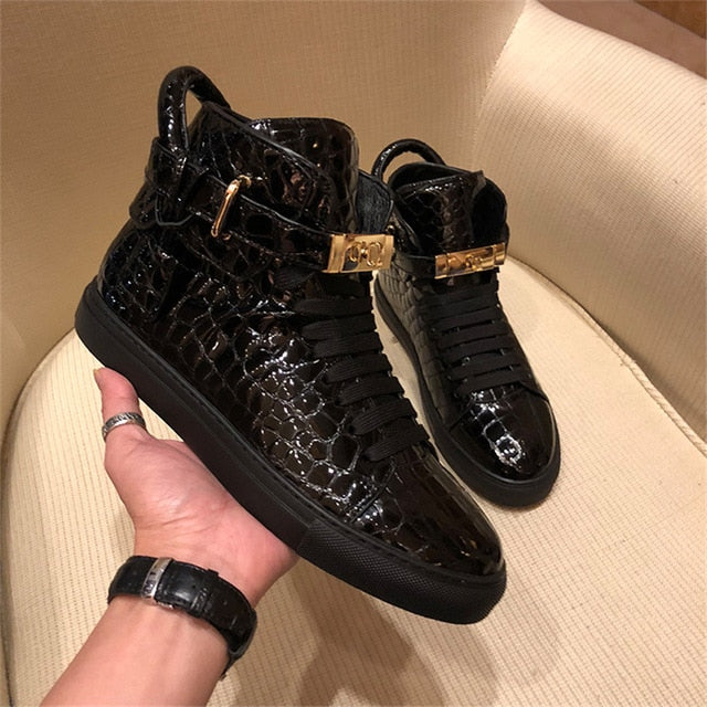 Men Embossed Crocodile High Top Sneakers Lock Lace Red Sneakers Real Leather Designer Flat Men Sneakers Casual Shoes - LiveTrendsX
