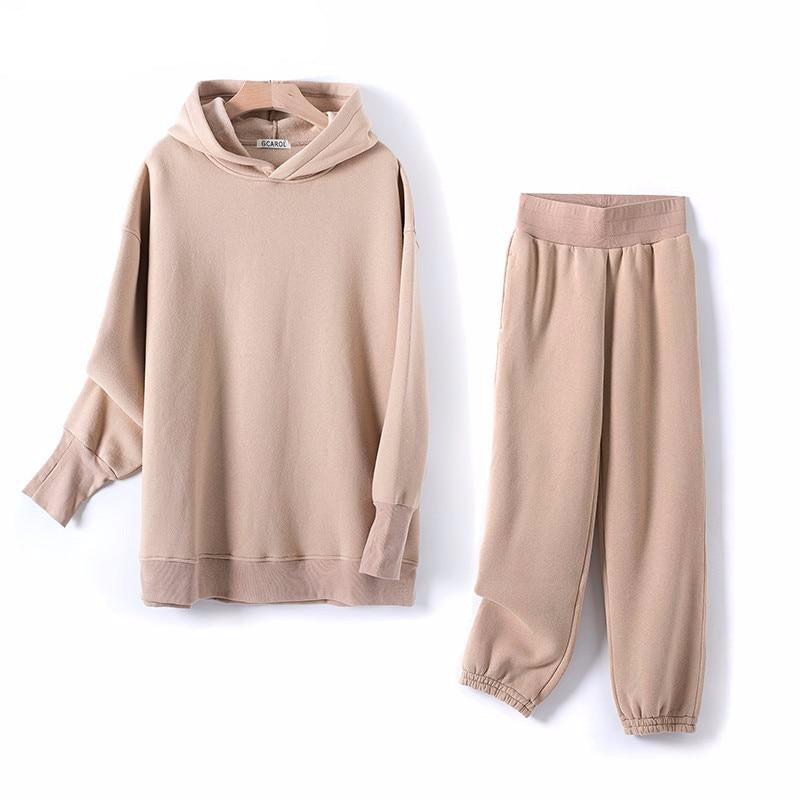 Fall Winter Women Sets Extra Long Hooded Suits 80% Cotton Fleece Oversized Boyfriend Sweatshirt Elastic Waist Harem Pants - LiveTrendsX