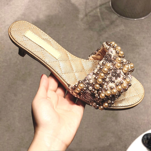 Women FlatSlipper round peep toe women Pearls Flat Slippers Outdoor Mules Flip Flop Beads Slides Beach Shoes Woman Sandalet - LiveTrendsX