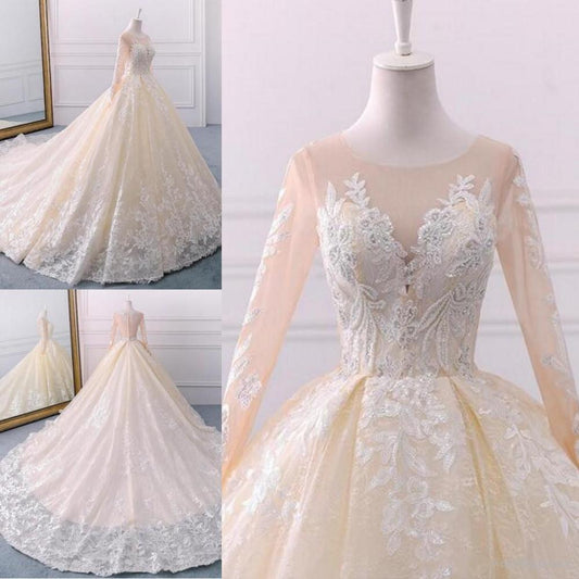 Vintage Chamagne  Real Lace Wedding Dresses Jewel Neck Long Sleeve Zipper Bridal Gown Arabic Bridal Wedding Gowns - LiveTrendsX