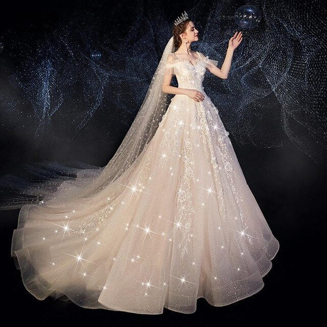 Wedding Dress  Elegant Long Train Princess Wedding Gowns Champagne Lace Plus Size Wedding Dresses - LiveTrendsX
