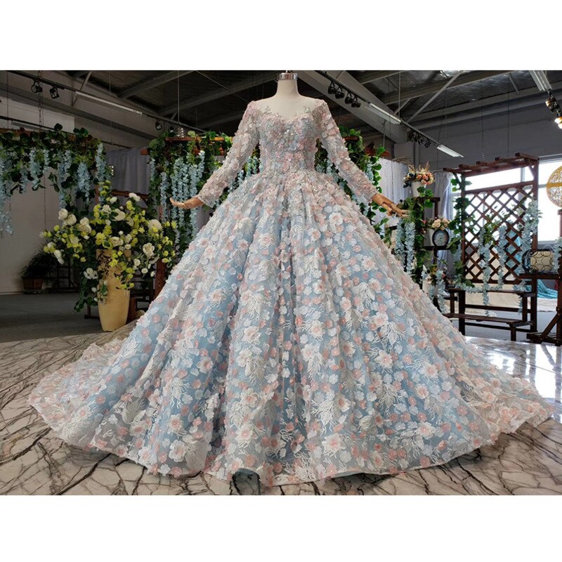 Light Blue Evening Dress Long Color Flowers O-neck Long Sleeve Green Evening Gown Pink Dress Bridal - LiveTrendsX