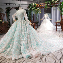 Load image into Gallery viewer, Light Blue Evening Dress Long Color Flowers O-neck Long Sleeve Green Evening Gown Pink Dress Bridal - LiveTrendsX
