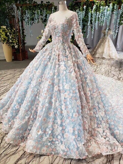 Light Blue Evening Dress Long Color Flowers O-neck Long Sleeve Green Evening Gown Pink Dress Bridal - LiveTrendsX