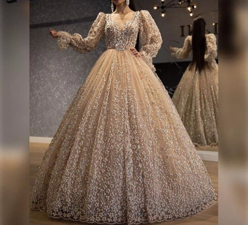 Haute Couture Champagne Formal Evening Dresses 2020 Long Sleeves Luxury Lace abendkleider Abiye Women Prom Dress - LiveTrendsX