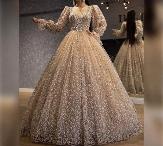 Haute Couture Champagne Formal Evening Dresses 2020 Long Sleeves Luxury Lace abendkleider Abiye Women Prom Dress - LiveTrendsX