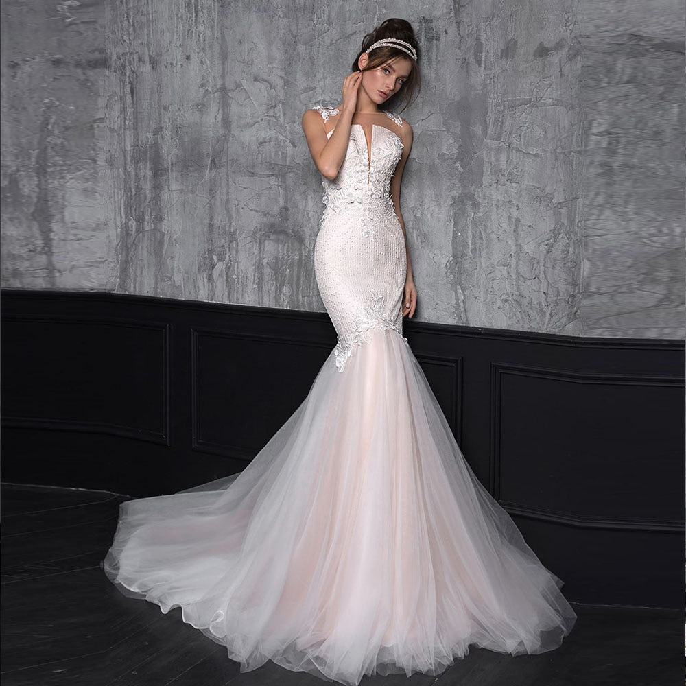 Lace Flowers Mermaid Wedding Dresses  Vestidos Elegantes O-neck Buttons Up Vintage Trumpet Bride Gowns - LiveTrendsX