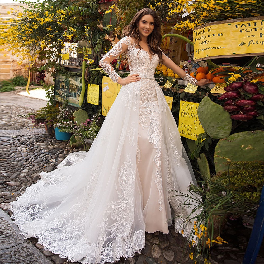 Elegant Mermaid Wedding Dresses With Beading Crystal Detachable Train Vestido De Noiva Sereia Lace Tulle 2 In 1 Wedding Gowns - LiveTrendsX