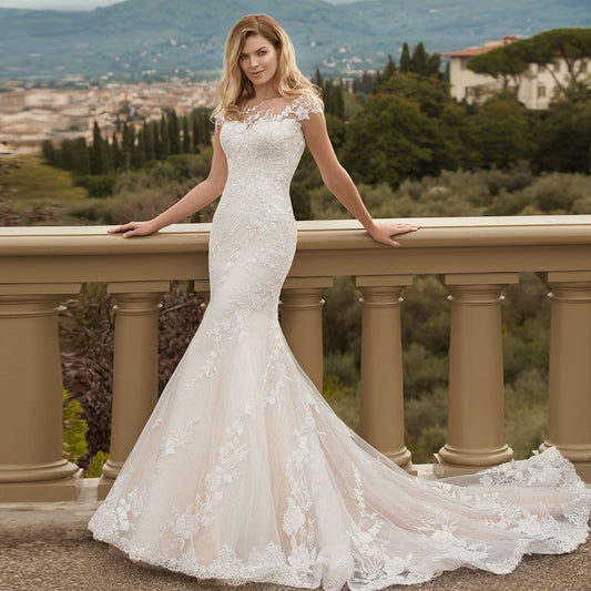 Appliques Lace Mermaid Wedding Dresses Elegant Vestido De Novia Sirena Cap Sleeve Floor Length Sim Trumpet Gowns - LiveTrendsX