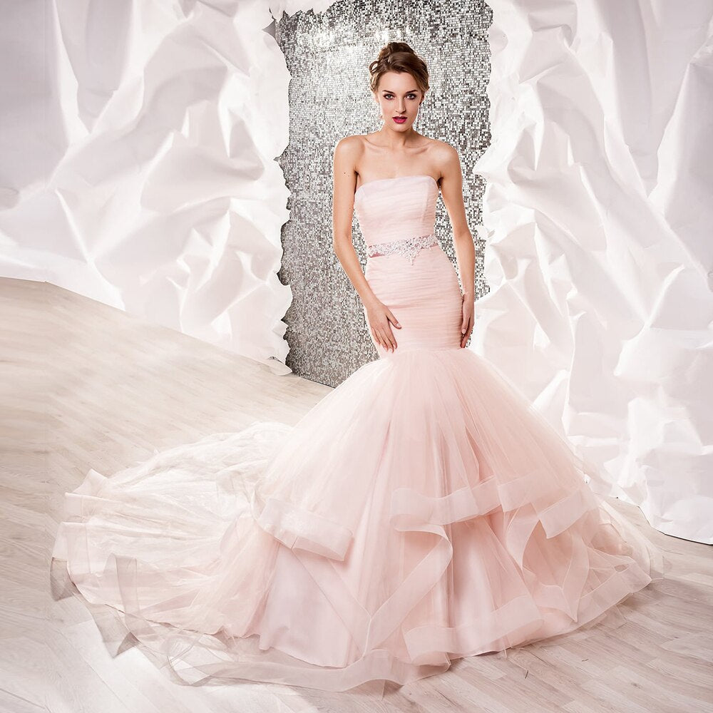 New Arrivals Pink Mermaid Wedding Dress With Shiny Beading Crystal Waist Vestido De Novia Sirena Elegant Trumpet Wedding Gowns - LiveTrendsX
