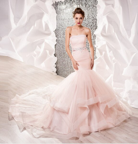 New Arrivals Pink Mermaid Wedding Dress With Shiny Beading Crystal Waist Vestido De Novia Sirena Elegant Trumpet Wedding Gowns - LiveTrendsX