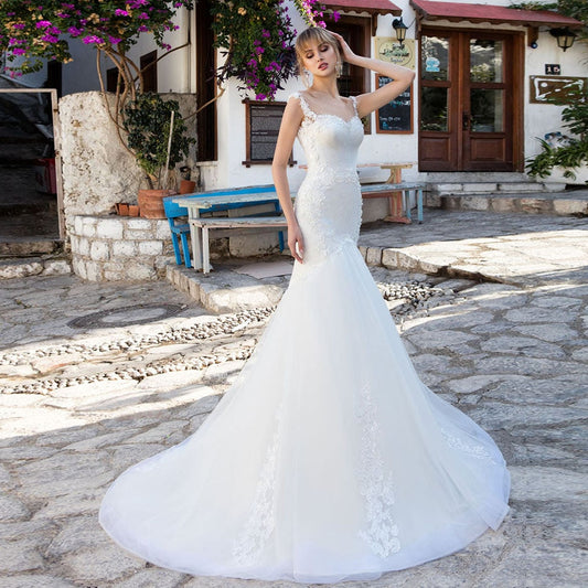 Beaning Appliques Lace Tulle Mermaid Wedding Dress Vestido De Noiva Sereia Open Back White Trumpet Bridal Gowns - LiveTrendsX