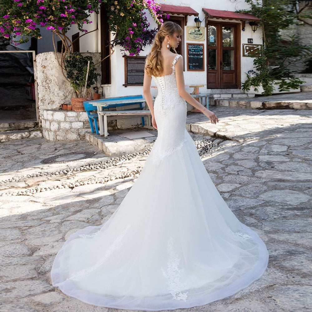Beaning Appliques Lace Tulle Mermaid Wedding Dress Vestido De Noiva Sereia Open Back White Trumpet Bridal Gowns - LiveTrendsX